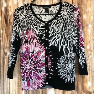 White House Black Market Embellished Geometric Pink and Purple Floral Cardigan
